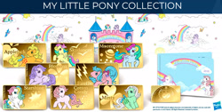 Size: 2065x1039 | Tagged: safe, derpibooru import, applejack (g1), blossom, cotton candy (g1), firefly, minty (g1), moonstone, skydancer, starshine, earth pony, pegasus, pony, unicorn, g1, 40th anniversary, gold, merchandise, samoa