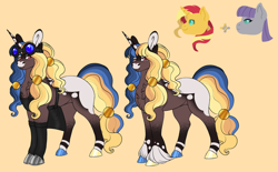 Size: 1280x794 | Tagged: safe, artist:malinraf1615, derpibooru import, maud pie, sunset shimmer, oc, earth pony, pony, unicorn, appaloosa, apron, chest fluff, chin freckles, closed mouth, clothes, coat markings, colored horn, coronet (coat marking), ear fluff, ears, facial markings, female, freckles, frown, goggles, goggles on head, gradient legs, horn, magical lesbian spawn, mare, mealy mouth (coat marking), mismatched hooves, multicolored horn, offspring, parent:maud pie, parent:sunset shimmer, parents:maudshimmer, red eyes, simple background, smiling, socks (coat marking), unicorn oc, unshorn fetlocks, yellow background