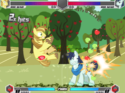 Size: 638x476 | Tagged: safe, artist:fimroots, derpibooru import, big macintosh, braeburn, fighting is magic, apple orchard, orchard, palette swap, recolor