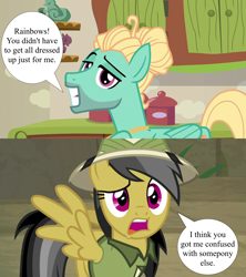 Size: 1920x2160 | Tagged: safe, derpibooru import, edit, edited screencap, screencap, daring do, zephyr breeze, pony, daring doubt, flutter brutter, crack shipping, female, grin, hair bun, hat, pith helmet, shipping, smiling, speech bubble, zephyrdo