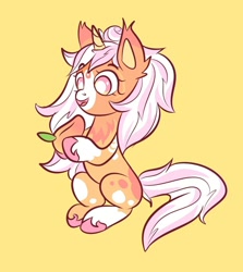 Size: 1144x1280 | Tagged: safe, artist:kutemango, derpibooru import, oc, oc only, alicorn, pony, chibi, colorful, cute, food, mango, orange background, simple background, solo