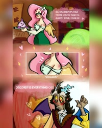 Size: 1080x1350 | Tagged: safe, artist:marishka, derpibooru import, part of a set, discord, fluttershy, butterfly, human, g4, antlers, basket, blush scribble, blushing, breasts, clothes, comic, cup, door, fluttershy's cottage, heart, holiday, horn, horned humanization, humanized, implied discoshy, implied shipping, implied straight, plate, question mark, shoulder, shoulder blush, suit, tail, tailed humanization, teacup, teapot, valentine's day, winged humanization, wings