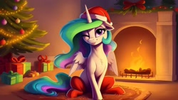 Size: 2560x1440 | Tagged: safe, ai content, derpibooru import, generator:easyfluff v11.2, machine learning generated, princess celestia, alicorn, pony, :p, carpet, christmas, decoration, female, fireplace, hat, holiday, indoors, looking at you, mare, one eye closed, prompter:siber, red socks, santa hat, sitting, smiling, smiling at you, solo, tongue, tongue out, wink