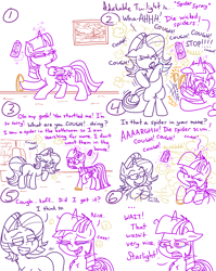 Size: 4779x6013 | Tagged: safe, artist:adorkabletwilightandfriends, derpibooru import, starlight glimmer, twilight sparkle, twilight sparkle (alicorn), alicorn, comic:adorkable twilight and friends, g4, adorkable, adorkable twilight, angry, bipedal, bug spray, clothes, cloud, cough, coughing, cute, dork, eyes closed, friendship, happy, hitting, living room, magic, nostril flare, nostrils, rain, red eyes, revenge, slippers, spitting, spray, spray can, stance, teary eyes, trick, window