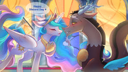 Size: 2325x1314 | Tagged: safe, artist:daffolyn, derpibooru import, discord, princess celestia, alicorn, draconequus, pony, blushing, canterlot castle, commissioner:zcord, crown, discord day, dislestia, female, flag, glowing, glowing horn, hand on chest, hooves to the chest, horn, imminent kissing, inanimate object, inanimate tf, jewelry, male, mare, regalia, shipping, stained glass, straight, transformation