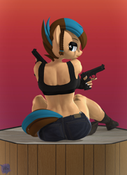 Size: 2160x2966 | Tagged: safe, artist:antonsfms, derpibooru import, oc, oc only, oc:revy, anthro, pegasus, 3d, abs, clothes, commission, eyelashes, eyeshadow, female, fit, gloves, gradient background, high res, looking at you, makeup, painted nails, pose, shorts, sitting, smiling, smiling at you, solo, source filmmaker, tanktop, weapon