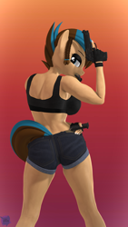 Size: 2160x3840 | Tagged: safe, artist:antonsfms, derpibooru import, oc, oc only, oc:revy, anthro, pegasus, 3d, abs, clothes, commission, eyelashes, eyeshadow, female, fit, gloves, gradient background, high res, looking at you, makeup, painted nails, pose, shorts, smiling, smiling at you, solo, source filmmaker, tanktop, weapon