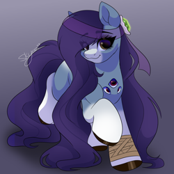 Size: 2000x2000 | Tagged: safe, artist:skyboundsiren, derpibooru import, oc, oc:belladonna larkspur, earth pony, pony, bandage, eye clipping through hair, eyes do not belong there, gem, headband, long hair, multiple eyes, redraw, witch