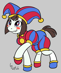 Size: 1253x1500 | Tagged: safe, artist:hob-kun, derpibooru import, earth pony, pony, blush sticker, blushing, female, gray background, grin, hat, hoof shoes, jester, jester hat, jester outfit, mare, nervous, nervous smile, no more ponies at source, pomni, ponified, raised hoof, raised leg, signature, simple background, smiling, solo, species swap, the amazing digital circus