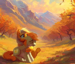 Size: 1194x1018 | Tagged: safe, artist:yidwags, derpibooru import, applejack, bright mac, earth pony, pony, crying, embrace, family, hug, hug from behind, mountain, mountain range, orchard, sitting, sunset