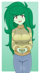 Size: 1761x3190 | Tagged: safe, artist:batipin, derpibooru import, wallflower blush, human, equestria girls, equestria girls series, g4, 2d, breasts, busty wallflower blush, clothes, female, gradient background, green background, high res, looking at you, nervous, nervous smile, open mouth, pants, pocket, simple background, smiling, solo, sweater, throbbing, update, wavy mouth