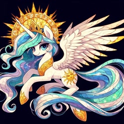 Size: 1024x1024 | Tagged: safe, ai content, derpibooru import, machine learning generated, princess celestia, alicorn, pony, black background, blue eyes, mosaic, simple background, solo, wrong eye color