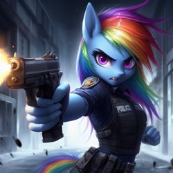 Size: 1024x1024 | Tagged: safe, ai content, derpibooru import, machine learning generated, rainbow dash, anthro, gun, police, police officer, weapon