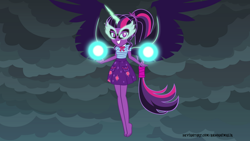 Size: 1192x670 | Tagged: safe, artist:andoanimalia, derpibooru import, midnight sparkle, sci-twi, twilight sparkle, equestria girls, black wings, delet this, wings