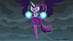 Size: 5360x3015 | Tagged: safe, artist:andoanimalia, derpibooru import, midnight sparkle, sci-twi, twilight sparkle, equestria girls, black wings, evil grin, grin, smiling, wings