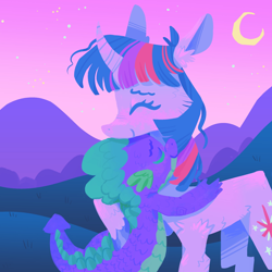 Size: 2000x2000 | Tagged: safe, artist:astroeden, derpibooru import, spike, twilight sparkle, unicorn twilight, dragon, pony, unicorn, g4, eyes closed, high res, hug, lineless, moon, smiling, unshorn fetlocks, vylet pony