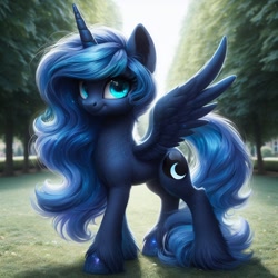 Size: 1024x1024 | Tagged: safe, ai content, machine learning generated, princess luna, alicorn, pony, bing, female, hoof polish, looking at you, mare, missing accessory, outdoors, smiling, smiling at you, solo, tree, unshorn fetlocks