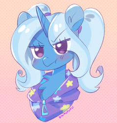 Size: 1789x1873 | Tagged: safe, artist:kaikururu, derpibooru import, trixie, pony, unicorn, g4, :t, abstract background, alternate hairstyle, babysitter trixie, blushing, bust, chest fluff, clothes, cute, diatrixes, eyebrows, female, gameloft, gameloft interpretation, gradient background, hoodie, horn, looking at you, mare, no pupils, pigtails, portrait, signature, solo, tsundere, tsunderixie