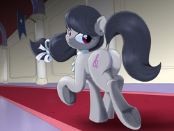 Size: 1500x1134 | Tagged: safe, artist:vinilyart, derpibooru import, octavia melody, earth pony, pony, g4, alternate hairstyle, bow, butt, dock, female, frog (hoof), hair bow, hallway, head turn, indoors, looking at you, looking back, looking back at you, mare, plot, raised hoof, raised leg, raised tail, rear view, smiling, smiling at you, solo, tail, treblebutt, underhoof, walking