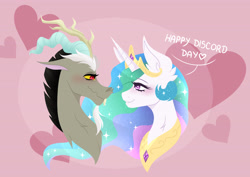 Size: 4093x2894 | Tagged: safe, alternate version, artist:ruby gilbert, artist:rubyart44, derpibooru import, part of a set, discord, princess celestia, g4, antlers, beard, blush lines, blushing, bust, commissioner:zcord, crown, discord day, dislestia, facial hair, female, heart, high res, horn, imminent kissing, jewelry, looking at each other, looking at someone, male, pink background, portrait, regalia, shipping, simple background, sketch, snaggletooth, straight