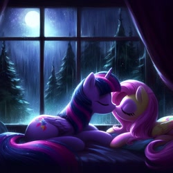 Size: 1024x1024 | Tagged: safe, ai content, derpibooru import, generator:dall-e 3, machine learning generated, fluttershy, twilight sparkle, twilight sparkle (alicorn), alicorn, g4, bed, eyes closed, eyeshadow, female, forest, kissing, lesbian, makeup, moon, nature, night, prompt in description, rain, shipping, tree, twishy, window