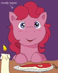 Size: 396x500 | Tagged: safe, artist:kleyime, derpibooru import, heart throb, pegasus, pony, g1, candle, date, food, fork, meat, mostly vegan, ms paint, offscreen character, pov, solo, steak