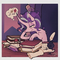 Size: 1200x1209 | Tagged: safe, artist:disaterror, derpibooru import, starlight glimmer, pony, unicorn, g4, book, curved horn, female, gem, horn, inkwell, kite, mare, quill, scroll, sitting, solo, thought bubble, tired, unshorn fetlocks