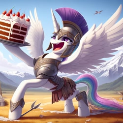 Size: 1024x1024 | Tagged: safe, ai content, derpibooru import, generator:dall-e 3, machine learning generated, princess celestia, alicorn, pony, g4, armor, cake, cakelestia, crazy face, drunk, drunklestia, faic, female, food, helmet, mare, open mouth, plate, prompter:k.r.e.d.k.e, solo, spread wings, that princess sure does love cake, wings, wrong eye color