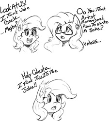 Size: 942x1046 | Tagged: safe, artist:alazak, derpibooru import, oc, oc:autumn breeze, oc:pearl, pony, dialogue, female, monochrome, speech bubble