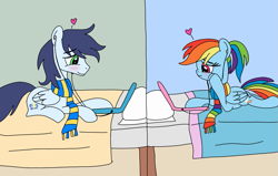 Size: 1129x720 | Tagged: safe, artist:dasher666, artist:rarityforever, derpibooru import, edit, rainbow dash, soarin', pegasus, pony, g4, bed, clothes, computer, earbuds, female, laptop computer, male, mare, scarf, shipping, soarindash, stallion, straight, striped scarf, teenager
