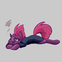 Size: 2048x2048 | Tagged: safe, artist:pfeffaroo, derpibooru import, fizzlepop berrytwist, tempest shadow, pony, unicorn, apathy, broken horn, clothes, female, gray background, high res, horn, lidded eyes, lying down, mare, prone, sad, simple background, solo, three quarter view, tired