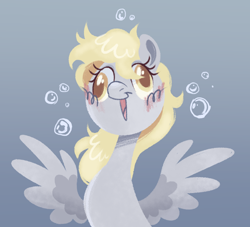 Size: 2012x1824 | Tagged: safe, artist:bishopony, derpibooru import, derpy hooves, pegasus, pony, g4, blush scribble, blush sticker, blushing, bubble, bust, colored pupils, cute, derp, derpabetes, female, gradient background, happy, mare, open mouth, open smile, portrait, smiling, solo, spread wings, wings