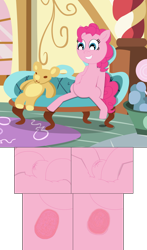 Size: 750x1273 | Tagged: safe, artist:measffymon-sarah, derpibooru import, pinkie pie, earth pony, pony, g4, belly button, female, playing, plushie, solo, teddy bear