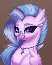 Size: 2000x2500 | Tagged: safe, artist:skyboundsiren, derpibooru import, silverstream, hippogriff, g4, bust, canon, folded wings, jewelry, looking at you, necklace, portrait, signature, solo, wings