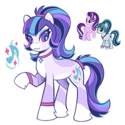 Size: 717x717 | Tagged: safe, artist:celozias, derpibooru import, sonata dusk, starlight glimmer, pony, bracelet, coat markings, commission, equestria girls ponified, eyeshadow, facial markings, female, fusion, fusion:sonata dusk, fusion:starlight glimmer, gradient eyes, jewelry, kinsona, makeup, mare, mealy mouth (coat marking), pale belly, ponified, raised hoof, raised leg, simple background, smiling, socks (coat marking), solo, species swap, standing, white background
