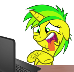 Size: 4000x3890 | Tagged: safe, artist:kaitykat117, derpibooru import, oc, oc only, oc:flower love(kaitykat), unicorn, base used, computer, cringing, disgusted, ears back, internet, laptop computer, open mouth, raised hoof, raised leg, reaction, simple background, solo, teeth, tongue, tongue out, transparent background, uvula, vector