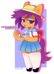 Size: 1404x1922 | Tagged: safe, artist:inkyshadow, derpibooru import, scootaloo, pony, semi-anthro, g4, arm hooves, backpack, clothes, crime prevention buzzer, school uniform, signature, simple background, solo