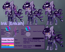 Size: 1070x850 | Tagged: safe, derpibooru import, oc, oc only, oc:enkah serna, original species, pony, :o, augmented wings, demigirl, demigirl pride flag, ear freckles, enkah, female, freckles, golden eyes, gradient background, gray background, ink pony, mare, open mouth, pansexual, pansexual pride flag, pride, pride flag, pronouns, reference sheet, simple background, standing, text, transparent wings, wings