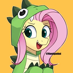 Size: 2700x2700 | Tagged: safe, artist:handgunboi, derpibooru import, fluttershy, dinosaur, pegasus, pony, g4, animal costume, bust, clothes, costume, dinosaur costume, fangs, open mouth, open smile, simple background, smiling, solo, yellow background