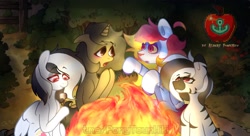 Size: 2048x1112 | Tagged: safe, artist:albert fomichev, derpibooru import, oc, oc:sagiri himoto, earth pony, zebra, campfire, group