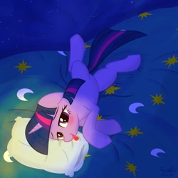 Size: 2048x2048 | Tagged: safe, artist:rayelli, derpibooru import, twilight sparkle, pony, unicorn, g4, bed, belly, blushing, cute, ears, female, floppy ears, looking at you, lying down, mare, night, show accurate, tongue, tongue out, twiabetes