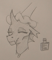 Size: 757x870 | Tagged: safe, artist:jargon scott, derpibooru import, oc, oc only, oc:whore bug, changeling, changeling oc, disembodied hoof, eyes closed, female, grayscale, monochrome, offscreen character, pencil drawing, polishing, rag, smiling, solo, traditional art, wax