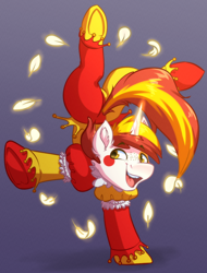 Size: 2360x3099 | Tagged: safe, artist:witchtaunter, oc, oc:mirthful, pony, unicorn, acrobatics, clothes, commission, feather, freckles, handstand, happy, horn, jester, jester motley, joy, laughing, magic, makeup, male, simple background, solo, stallion, standing, standing on one leg, traditional art, tumbling, upside down