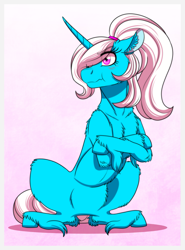 Size: 1181x1598 | Tagged: safe, artist:inuhoshi-to-darkpen, derpibooru import, oc, oc only, oc:pummela, unicorn, blushing, chest fluff, crossed hooves, cute, ear fluff, ears, gradient background, hair over one eye, horn, ponytail, puffy cheeks, scrunchy face, sitting, solo, tsundere, unicorn oc, unshorn fetlocks