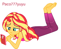 Size: 1342x1081 | Tagged: safe, artist:paco777yuyu, derpibooru import, sunset shimmer, equestria girls, g4, barefoot, feet, feet up, female, foot focus, gymnastics, lying down, phone, simple background, soles, solo, sunset, the pose, transparent background