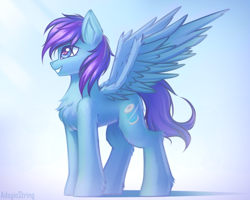 Size: 2500x2000 | Tagged: safe, artist:adagiostring, derpibooru import, oc, oc only, pegasus, pony, abstract, chest fluff, commission, digital art, full body, grin, happy, high res, leg fluff, male, pegasus oc, profile, smiling, solo, spread wings, stallion, standing, wings, ych result