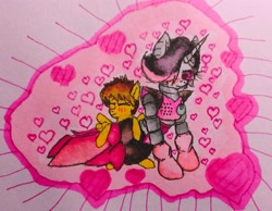 Size: 3165x2451 | Tagged: safe, artist:mettaton, derpibooru import, pegasus, pony, robot, robot pony, unicorn, blush lines, blushing, blushing profusely, breasts, clothes, curvy, cute, duo, duo male and female, ear fluff, ears, eyes closed, female, foal, fringe, frisk, gloves, heart, high heels, hug, lidded eyes, male, marker drawing, mettaton, mettaton ex, pink background, sexy, shoes, simple background, smiling, spread wings, stockings, thigh highs, traditional art, undertale, unshorn fetlocks, wings