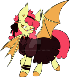 Size: 1024x1129 | Tagged: safe, artist:isaacbloom, derpibooru import, apple bloom, bat pony, pony, undead, vampire, g4, bat ponified, bloombat, clothes, deviantart watermark, dress, eyeliner, fangs, female, filly, foal, makeup, obtrusive watermark, race swap, simple background, solo, transparent background, watermark