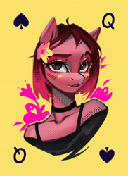 Size: 2000x2747 | Tagged: safe, artist:annna markarova, derpibooru import, oc, oc only, oc:naga, anthro, pony, bust, card, flower, flower in hair, looking at you, portrait, smiling, solo