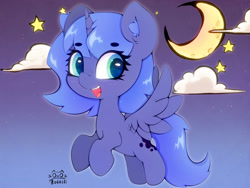 Size: 4000x3000 | Tagged: safe, artist:zokkili, derpibooru import, princess luna, alicorn, pony, g4, beanbrows, cloud, crescent moon, cute, ear fluff, ears, eyebrows, eyebrows visible through hair, female, filly, foal, gradient background, high res, horn, looking at you, lunabetes, moon, open mouth, open smile, signature, smiling, smiling at you, solo, spread wings, stars, wings, woona, younger